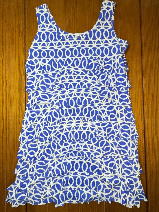 Lulu-B Dresses & Skirts - Lulu B Blue & White Geometric Tiered Ruffle Dress | Size M